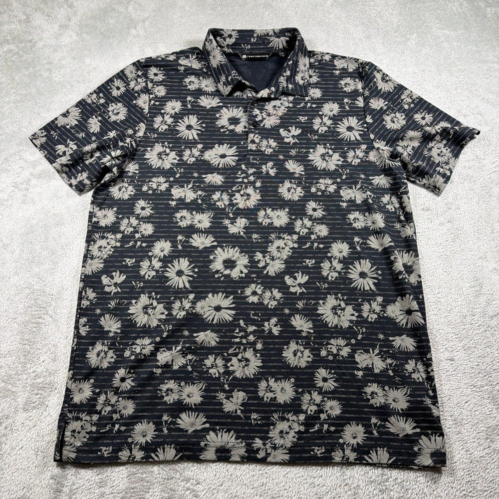 TravisMathew Polo Shirt Men XL Black AOP Floral Short Sleeve Golf Performance